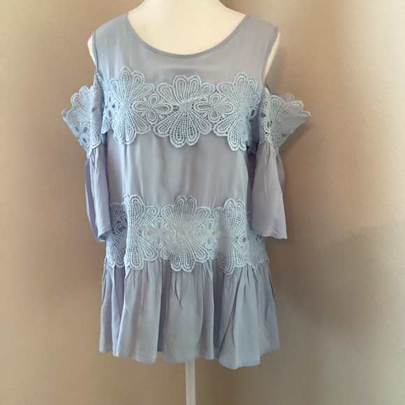 May by  Shining Star Tops - Women's Light Blue Lace Cold Shoulder Top